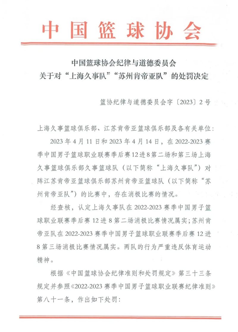 中国篮协纪律与道德委员会关于对“上海久事队”“苏州肯帝亚队”的处罚决定