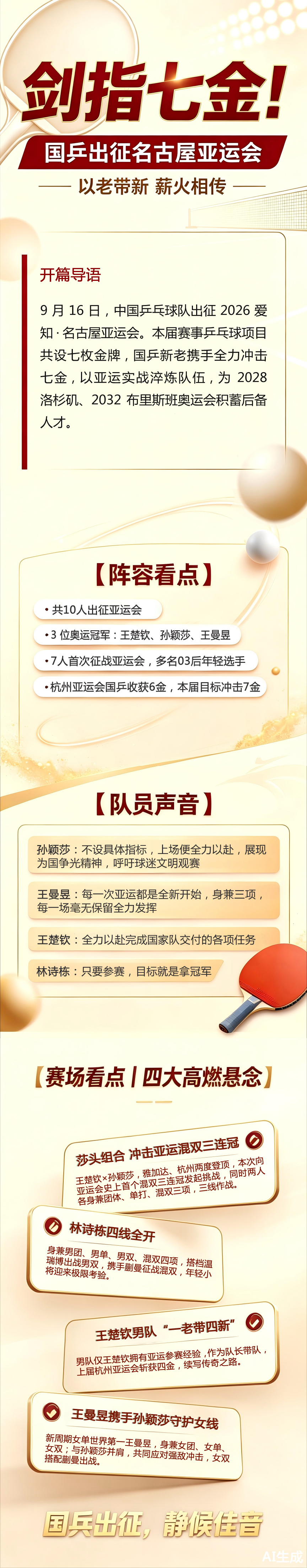 以老带新,剑指七金!王楚钦孙颖莎王曼昱领衔国乒出征名古屋亚运会 以老带新,剑指七金!王楚钦孙颖莎王曼昱领衔国乒出征名古屋亚运会
