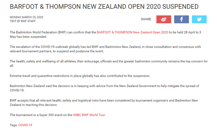 世界羽联宣布暂停新西兰公开赛 6月前将没有比赛